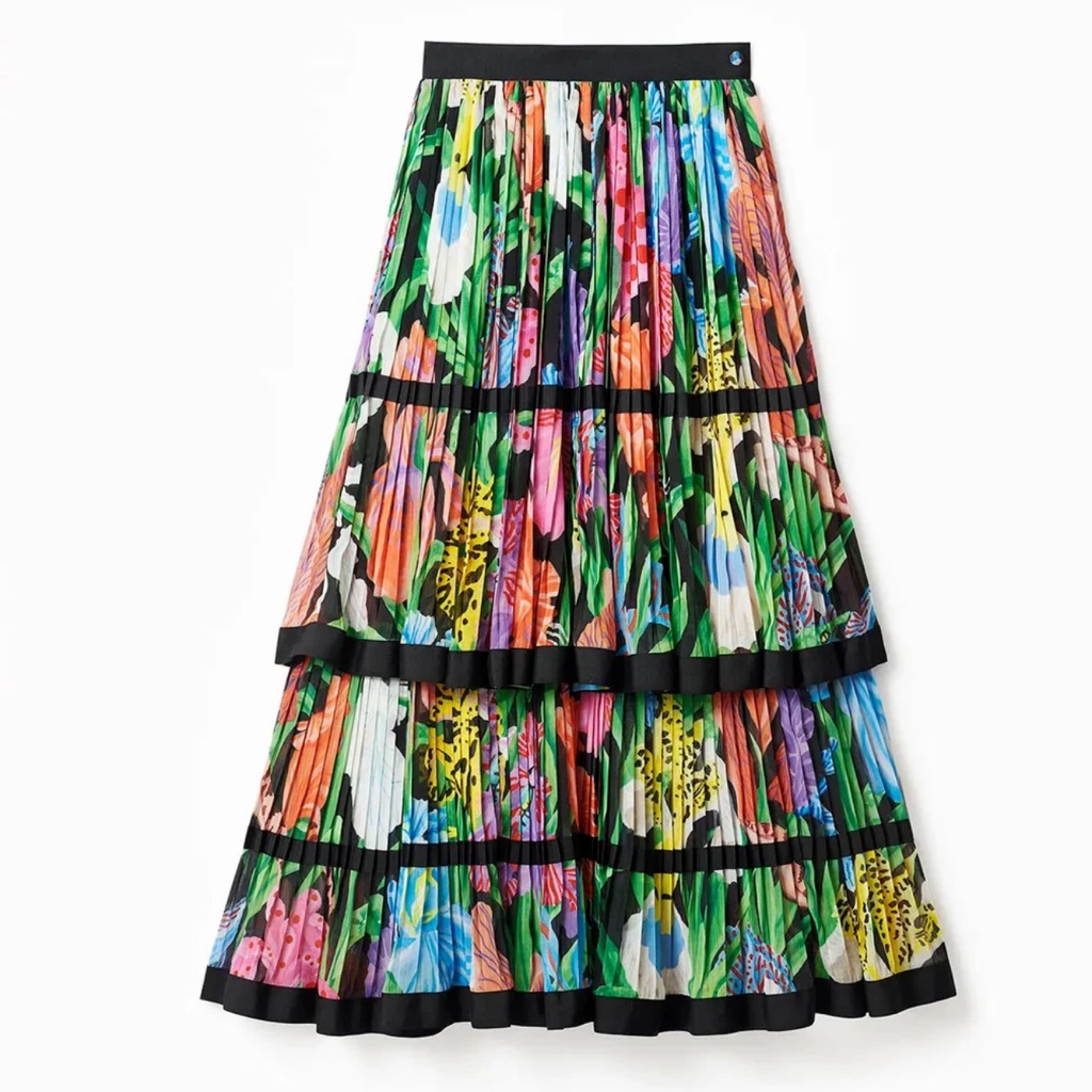 Tiered Floral Pleated Midi Skirt In Multi-Color